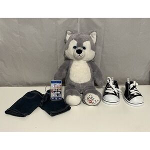 Build A Bear Light Gray Wolf Great Wolf Lodge 16 Inches BAB W/ Jeans, Shoes Etc